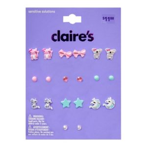 Claire’s Girls’ Critter Happy Stud Earrings Set, Post Back, 10 Pack, 76220