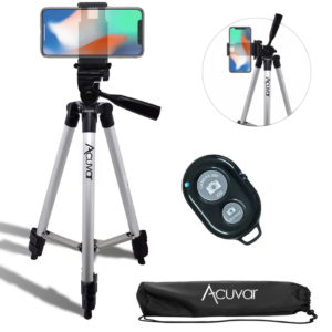 Acuvar 50″ Inch Aluminum Camera Tripod with Universal Smartphone Mount + Bluetooth Wireless Remote Control Camera Shutter For all iPhone, Samsung and Most Smartphones